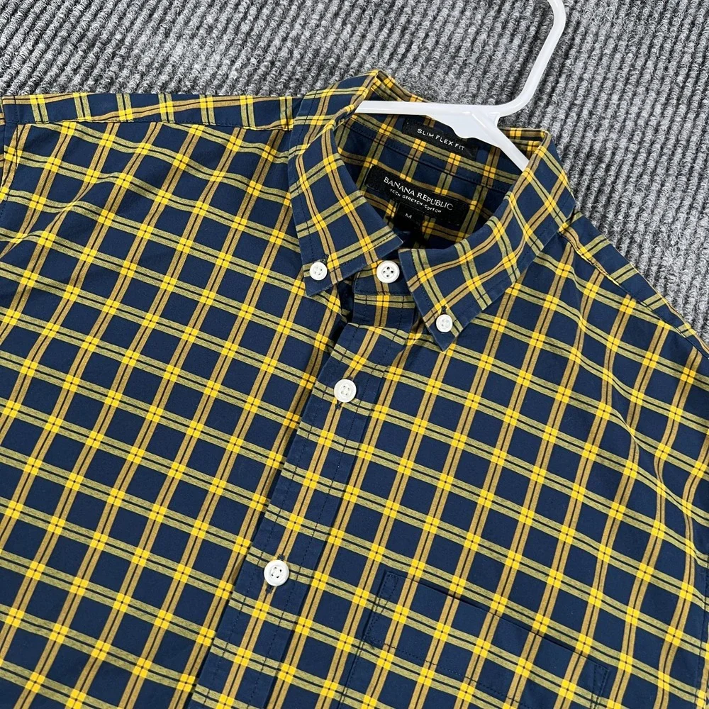 Banana Republic Shirt Mens Medium Blue Gold Check Long Sleeve Button Down